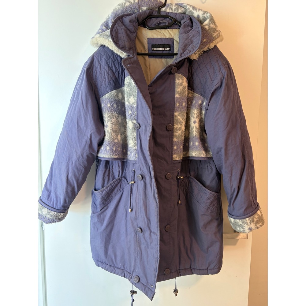Vintage 90s Thunder Bay Snowflake Fleece Quilted Hooded Parka Jacket Purple